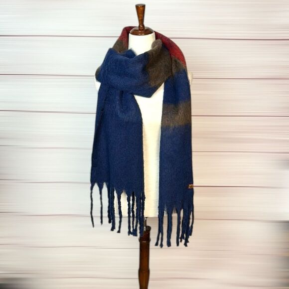 NWT Frye and Co. Chunky Fringed Scarf Oversized Blue Taupe Red - Picture 4 of 10